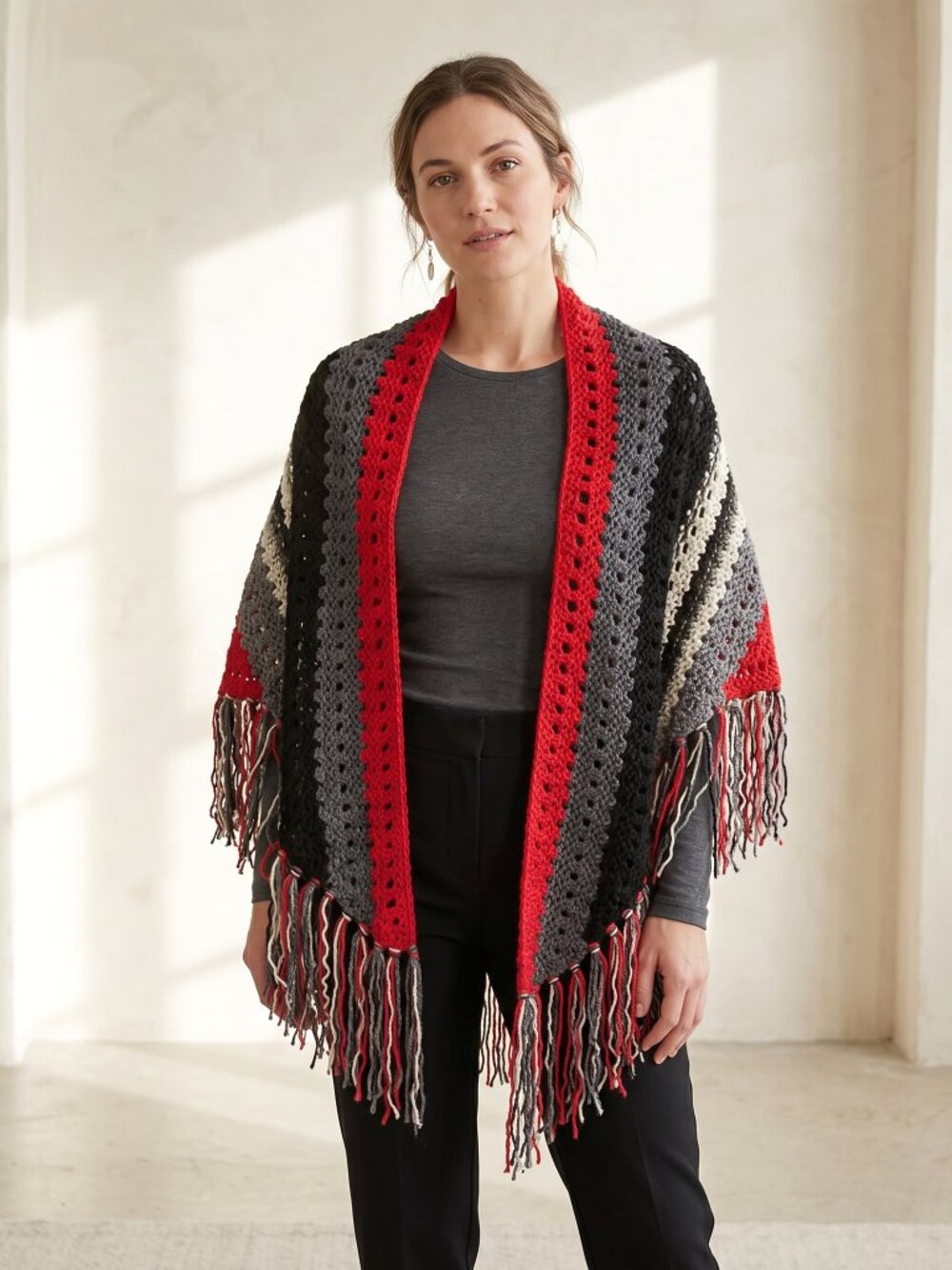 NEW Black Red Multi Boho Shawl Wrap Scarf Hand Knit Cottage Western Whimsigoth